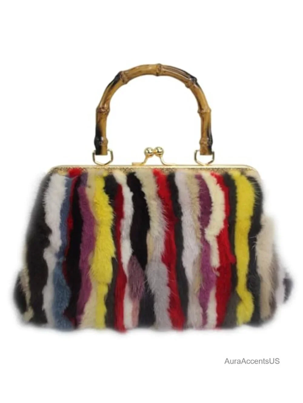 Genuine Mink Fur Animal Print Clutch with Kisslock Frame and Faux Wood Handle